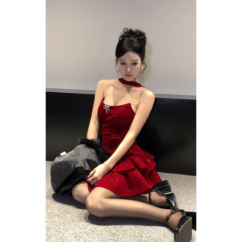 现货姨小黑裙抹胸连衣裙夏季新款碎闪丝绒公主裙生日party礼裙