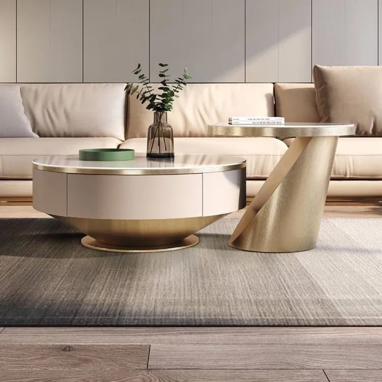 现代简约岩板茶几圆形大小组合带抽屉意式轻奢客厅家用茶几电视柜