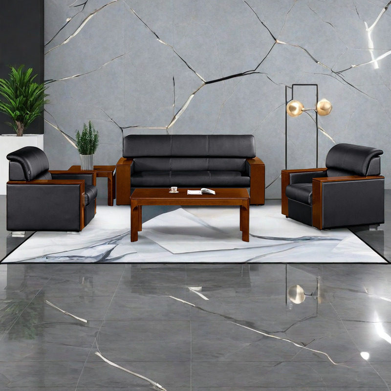 办公沙发现代简约办公室会客皮质座椅商务接待三人位沙发茶几组合