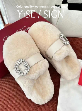 羊皮版~白色厚底羊羔毛毛鞋女冬外穿2025新款水钻加绒包头棉拖鞋