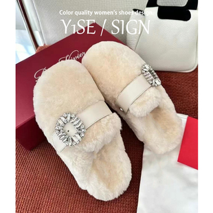 羊皮版~白色厚底羊羔毛毛鞋女冬外穿2025新款水钻加绒包头棉拖鞋