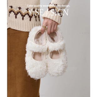 魔术贴平底玛丽珍单鞋 加绒2025新款 女冬季 高级感白色泰迪卷毛毛鞋