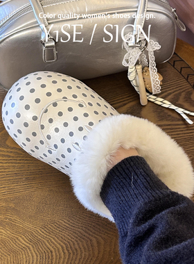 白色笑脸绝美勃肯鞋半拖女冬外穿加绒2025新款厚底波点包头毛毛鞋