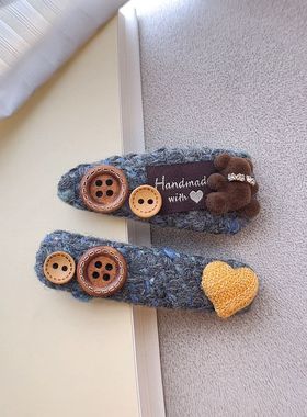 复古秋冬蓝灰色系植绒小熊bb夹蝴蝶结韩系发夹个性撞色刘海侧边夹