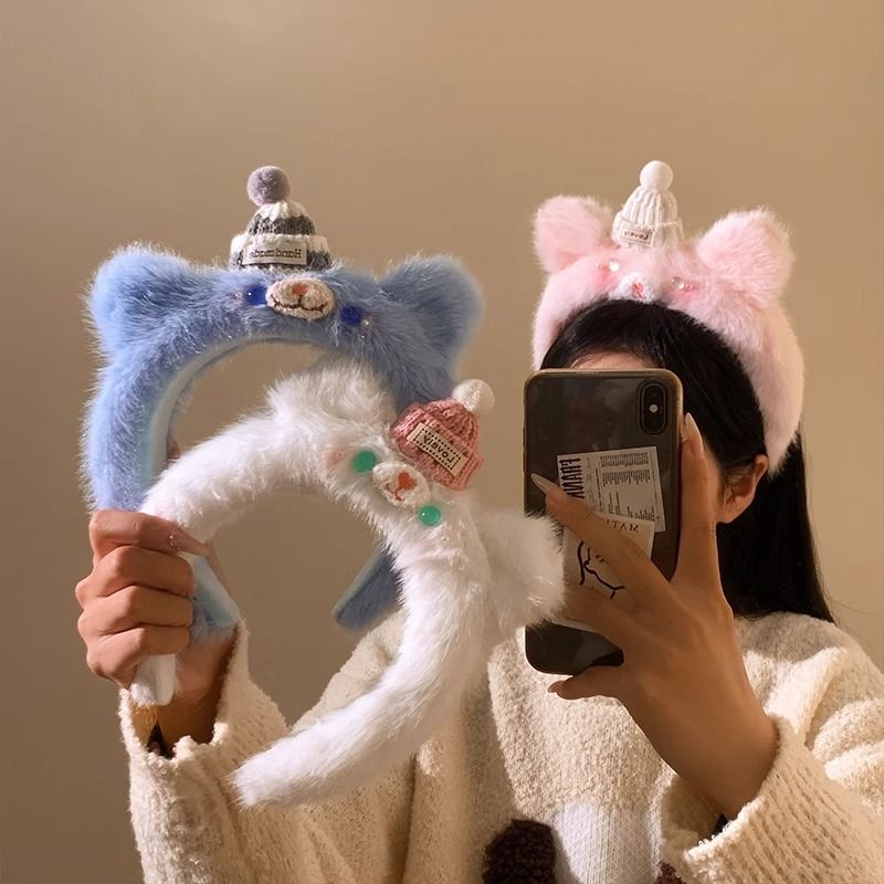 秋季时尚可爱毛绒白色小熊耳朵发箍女洗脸专用发头箍发饰秋冬超萌
