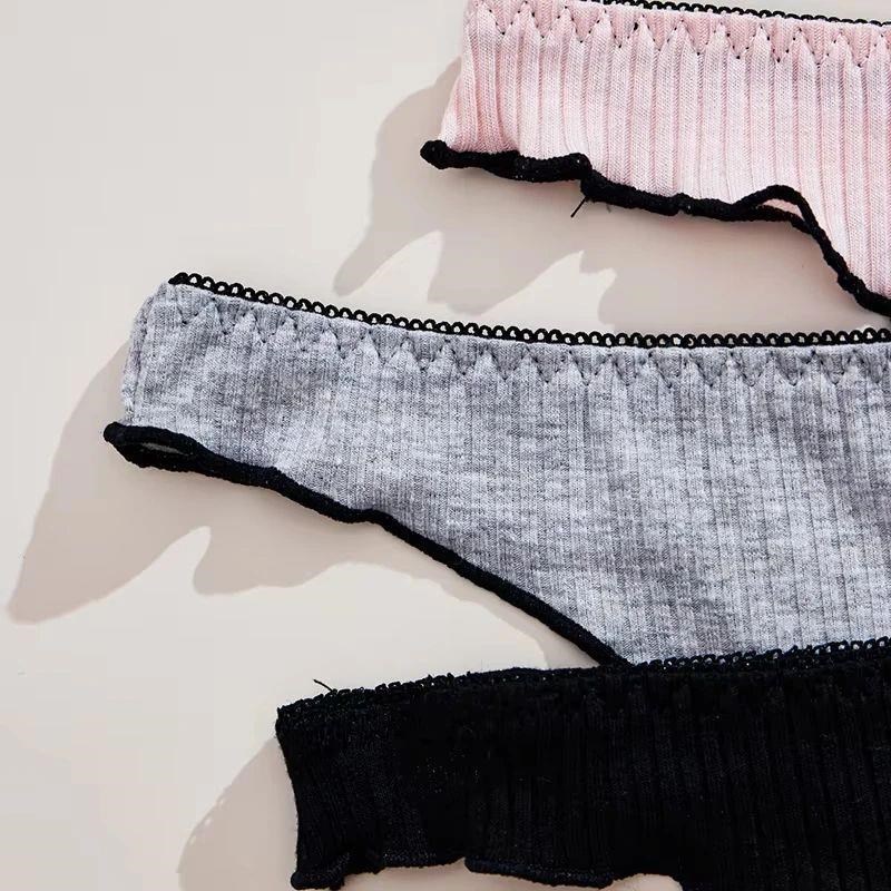 3Pcs Ribbed Cotton Thong Panties Womens Sexy Low Rise