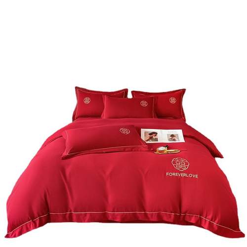 婚庆水洗棉喜庆四件套中式大红色床单高档刺绣被套结婚房床上用品