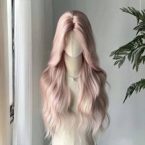 许昌假发新款假发女·粉金前额蕾丝日常自然羊毛卷中分全头套假发