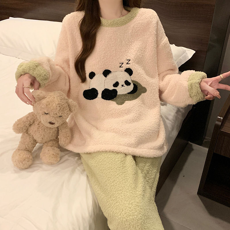 2025冬季新款卡通半边绒加厚睡衣女家居服套装260g甜美保暖