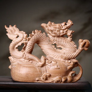速发桃木龙摆件木雕实刻青龙家居工艺品金龙生肖龙办公室装 饰品