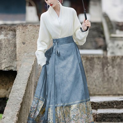 速发新中式伴娘服马面裙礼装秋冬季小个子蓝国风套服中色汉服连衣