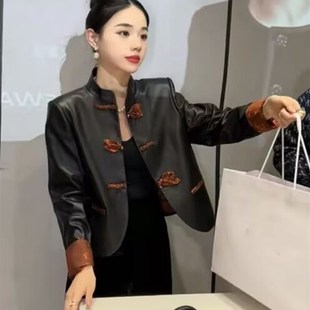 古盘扣外套高级感黑色皮 式 速发国风禅装 意新中复上衣202秋冬新款