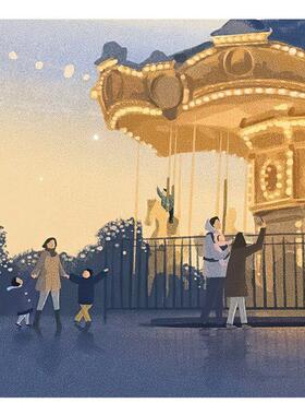 插画师Subin复刻艺术版画亲子旋转木马装饰画芯