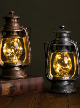 怀旧复古手提煤油灯普通电池马灯户外营地应急帐篷灯创意铁艺摆件