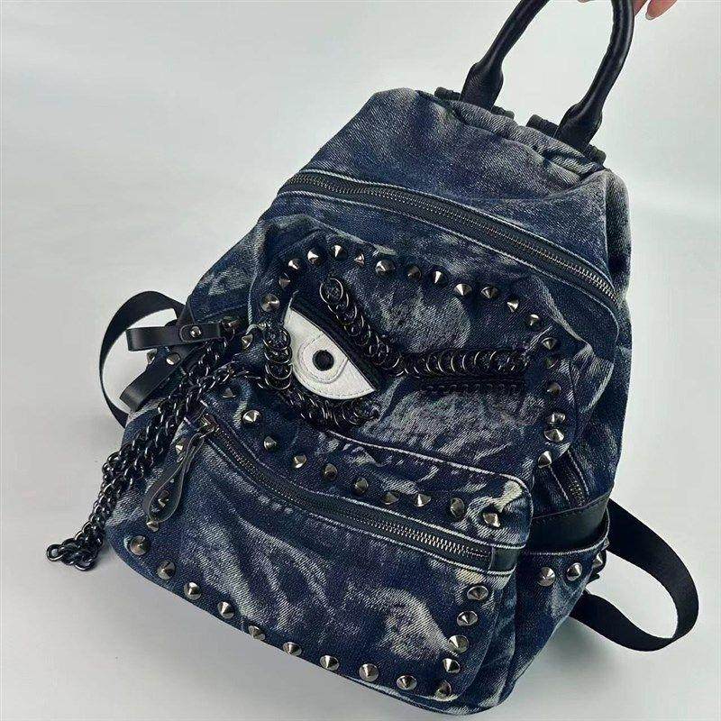 iPinee大眼睛铆钉牛仔布双肩包2025秋新款百搭旅游轻便大容量背包,箱包皮具/热销女包/男包,双肩背包,淘宝优惠券,粉丝福利购,淘宝优惠卷