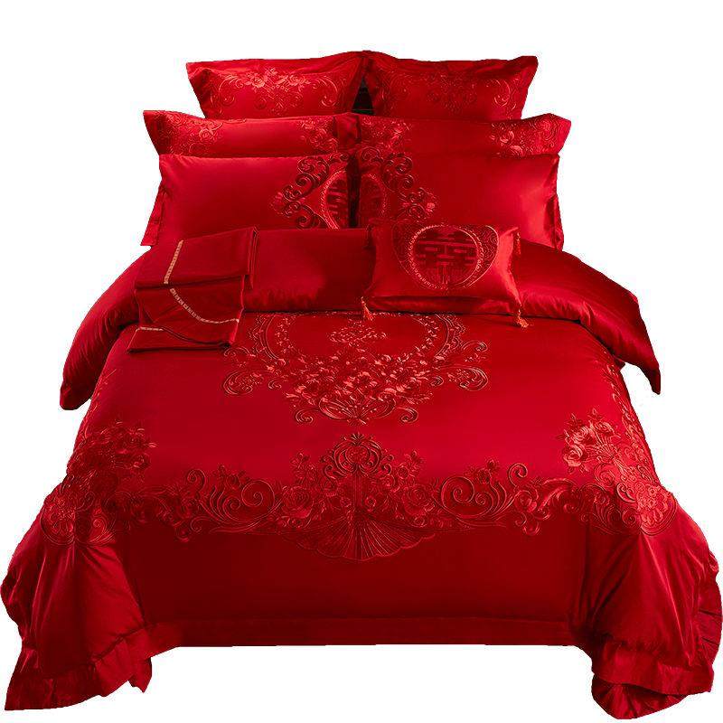 100s支全棉婚庆四件套刺绣婚房床上用品大红色喜被子结婚六十件套,床上用品,婚庆床品套件,淘宝优惠券,粉丝福利购,淘宝优惠卷