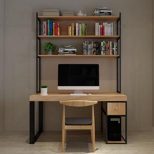 免打孔实木书架书桌带抽屉组合一体办公家用卧室学生双电脑书桌