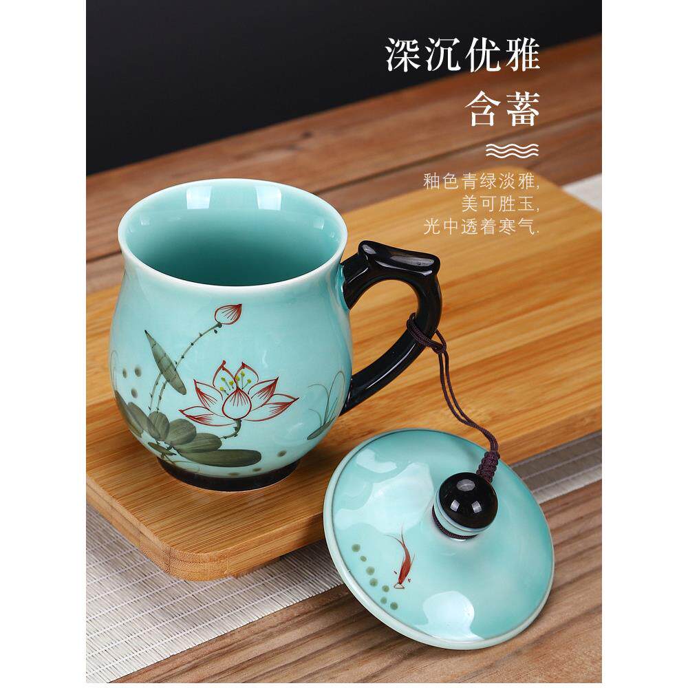 景德镇茶杯陶瓷带盖水杯手绘办公个人杯青瓷家庭饮水杯礼品杯