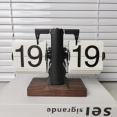 家用复古机械翻页时钟桌面个性 自动实木翻页钟简约轻奢木艺摆件