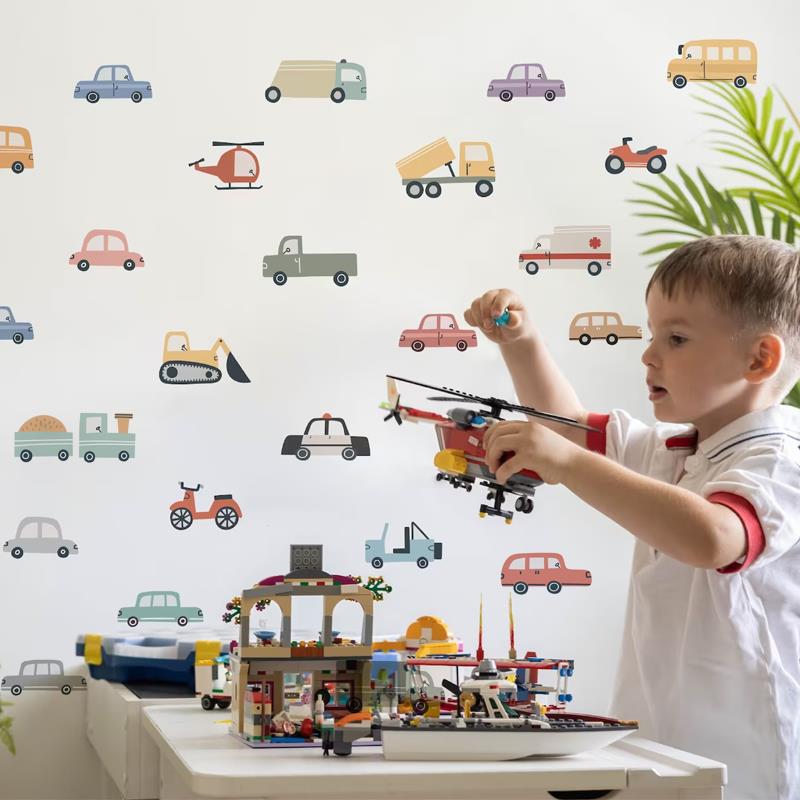 北欧简约汽车卡通贴画卧室背景墙宝宝儿童房间布置幼儿园墙贴纸