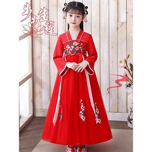 女孩夏天古汉裙中国式新春和秋季儿童唐装裙女孩连衣裙红色
