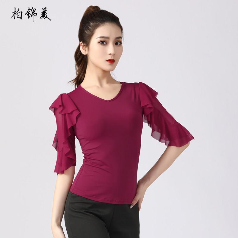拉丁舞上衣女成人新款摩登舞演出服装女式国标V领荷叶袖比赛练功