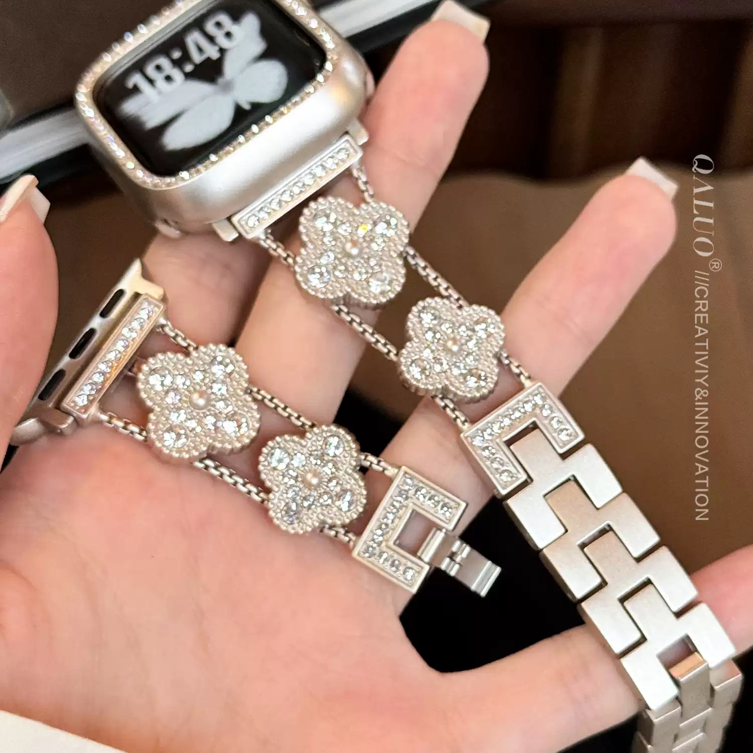 MAPXWS新款适配apple watch苹果手表表带星芒满钻S/11/S10/9金属表带女se/7/6/5/4/3代41/42mm苹果表带女