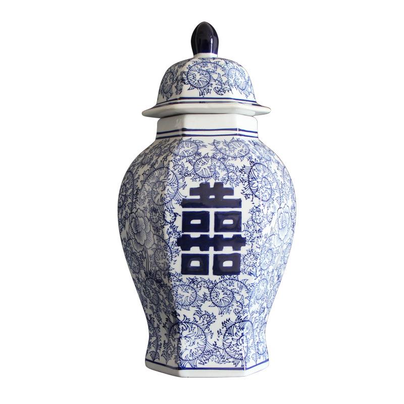 青花瓷储物罐插花瓶瓷器中式电视柜摆设家居装饰工艺品摆件喜字罐