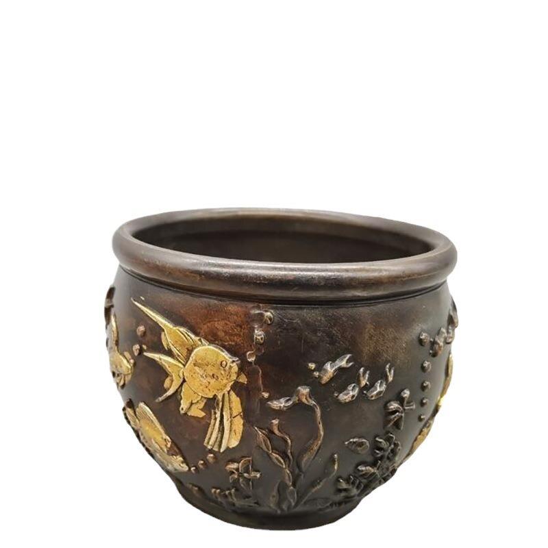 仿古做旧铜鎏金鱼缸铜香炉烟灰缸家居客厅摆设铜缸摆件工艺品
