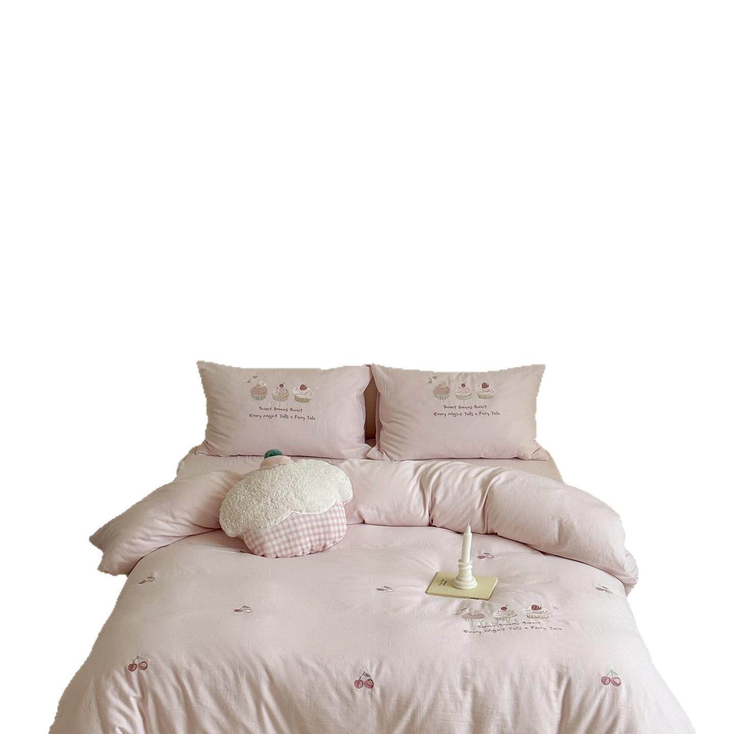 女心超柔爱全棉皱皱少纱四件套可蛋糕LB25082刺绣纯粉色被套床上,床上用品,床品套件/四件套/多件套,淘宝优惠券,粉丝福利购,淘宝优惠卷