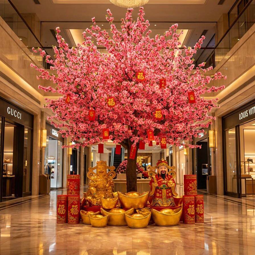 银行厅堂装饰新年元旦马年氛围布置装饰仿真桃花树大型植物许愿树