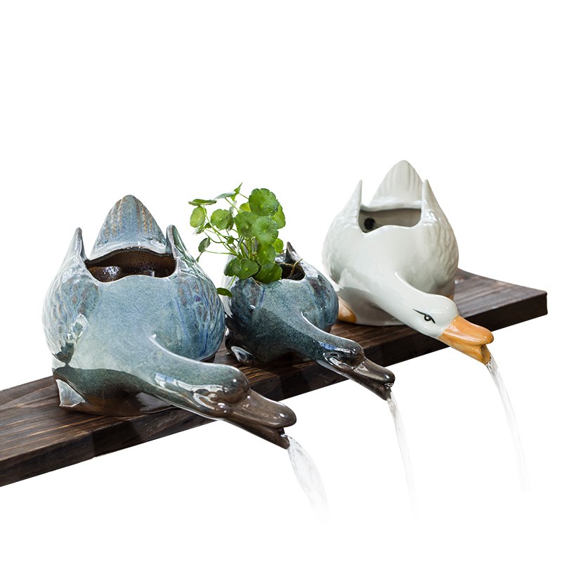 生态缸养鱼鱼缸鱼池景观造景循环流水陶罐循环水出鸭子造型出水口