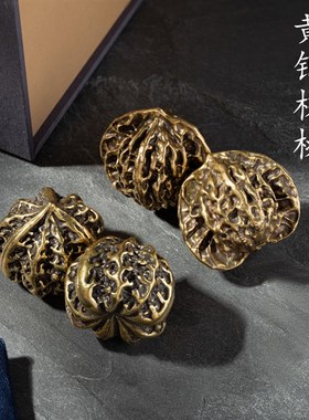 实心文玩古玩核桃手把件一对纯黄铜狮子头官帽核桃把玩摆件握球