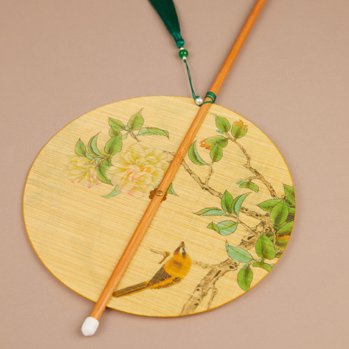 复古竹编腰扇汉服团扇可卷收圆形扇子中国风长柄印花扇可携式挂腰