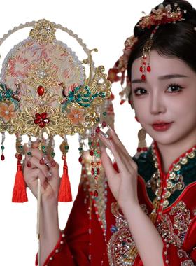 金色蕾丝新娘结婚秀禾中式双面遮面金色百搭DIY成品喜扇团扇9162
