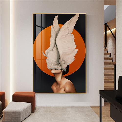 后现代客厅人物装饰画羽毛少女创意人体艺术北欧玄关卧室晶瓷挂画图片