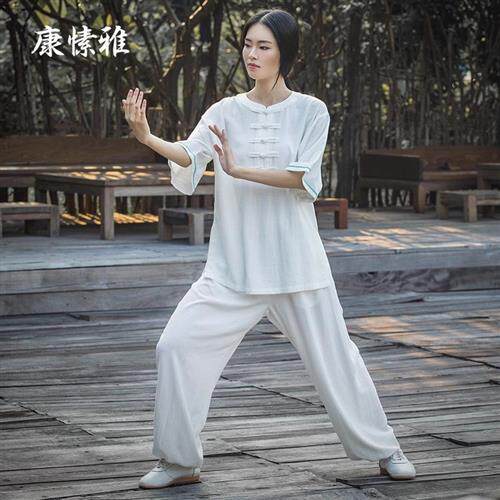 康愫雅棉麻太极服套装女中袖夏季宽松运动休闲太极拳服晨练武术服