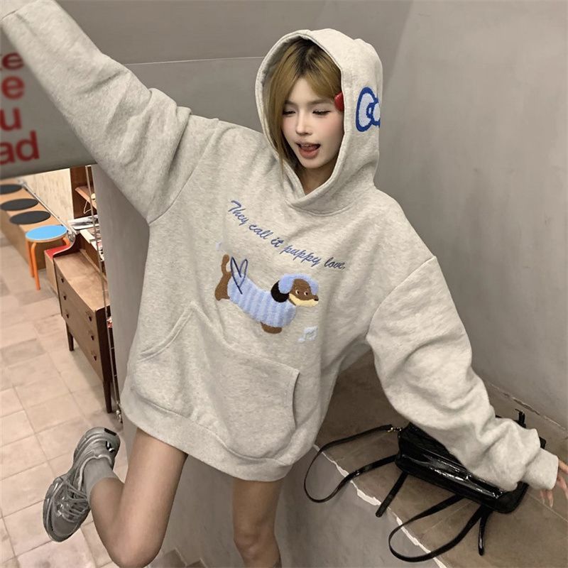 华棉 薄款/加绒款 毛巾绣字母有改动 秋冬连帽百搭宽松卫衣