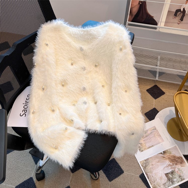 仿水貂绒v领毛衣开衫女秋冬2024新款气质宽松钉珠针织外套