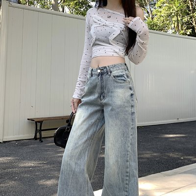 浅蓝色慵懒感中低腰阔腿显瘦牛仔裤女早春新款复古水洗拖地长裤子