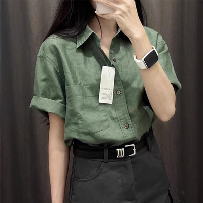CHao级推荐！墨绿色高级感短袖衬衫女士春夏新款职业面试衬衣上衣