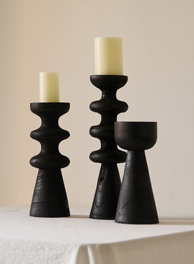 如是/中古侘寂风碳化木几何烛台抽象艺术摆件民宿样板房软装饰品
