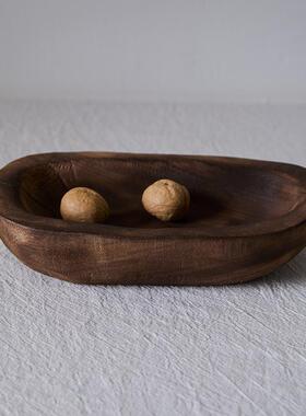 如是/复古侘寂风果盘咖啡色木质托盘干果盘民宿客厅椭圆蜡烛托盘