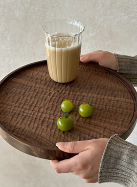 如是/日式黑胡桃木圆形托盘复古禅意木质托盘实木茶盘手工餐盘