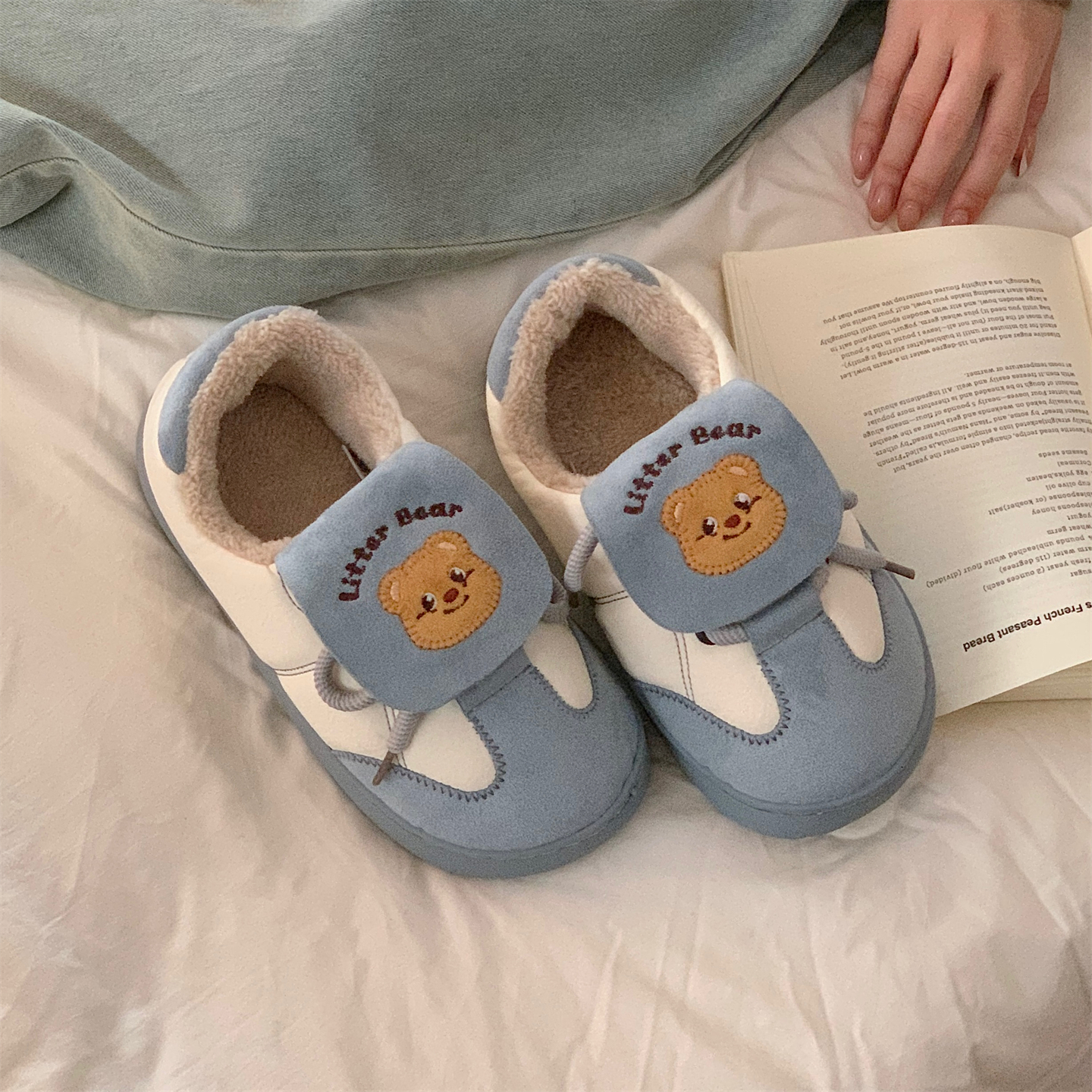 细细条拼色棉鞋外穿可爱小熊冬季