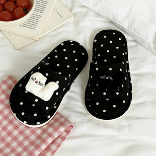 女舒适轻便吸汗防滑黑白小猫地板鞋 通用居家棉布拖鞋 四季 细细条