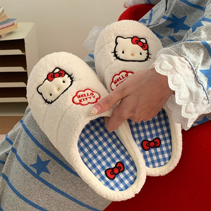 细细条 少女心撞色格子毛毛鞋正版HelloKitty猫防滑棉拖鞋冬季ins