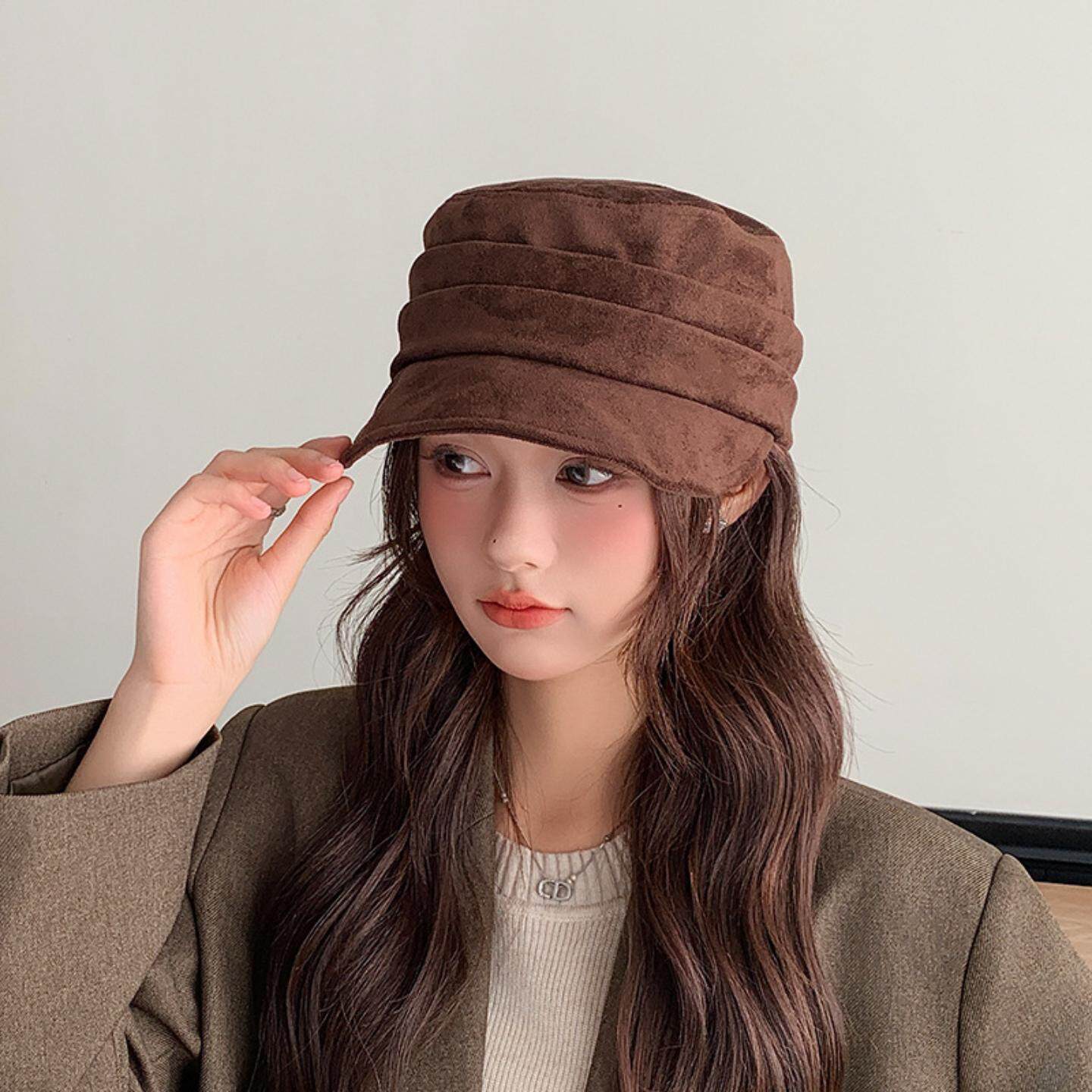 麂皮绒马术帽女秋冬季日系文艺复古报童帽宽檐百搭平顶鸭舌帽子