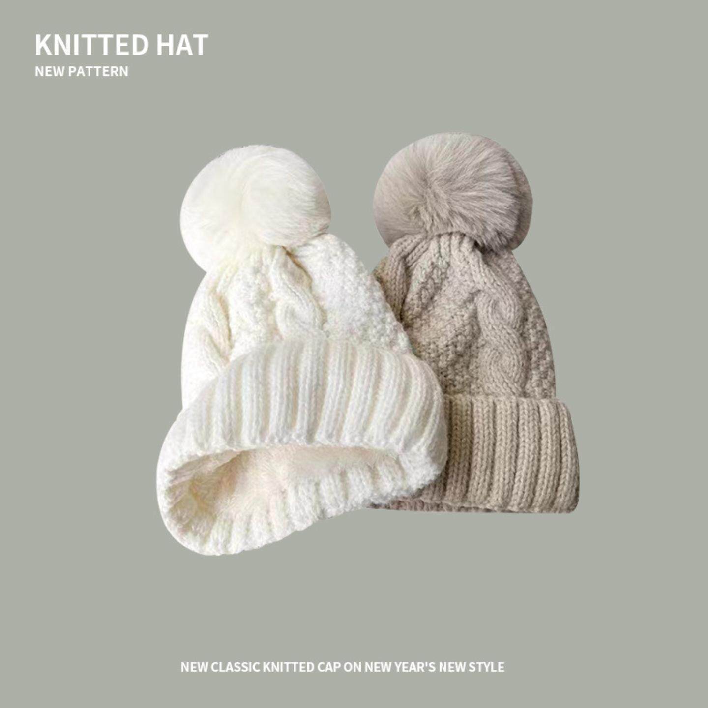 加绒毛线帽女秋冬加厚保暖麻花粗线针织帽百搭显脸小毛球套头帽