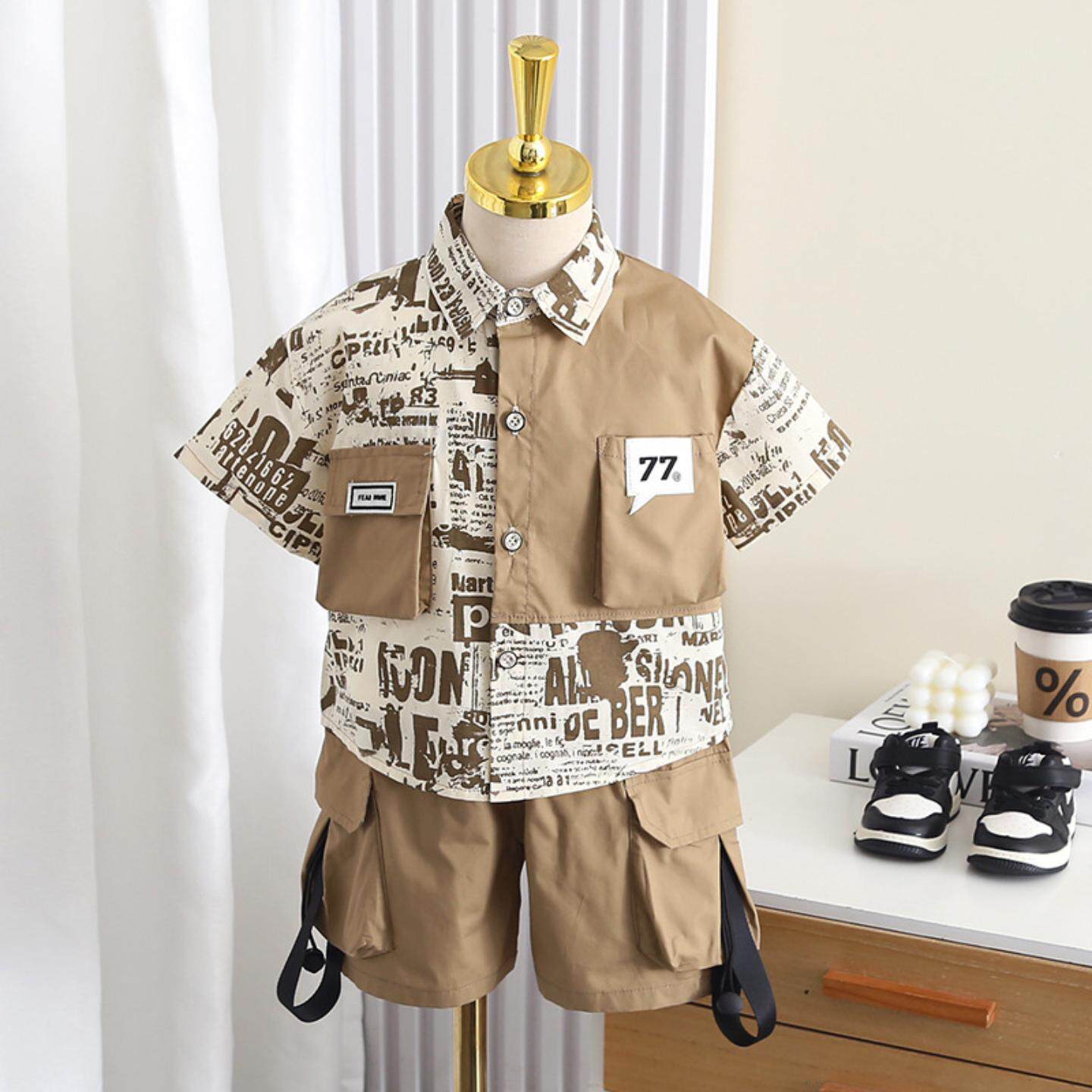 男童夏装短袖英文拼块衬衫两件套套装2026新款洋气宝宝夏季衣服潮